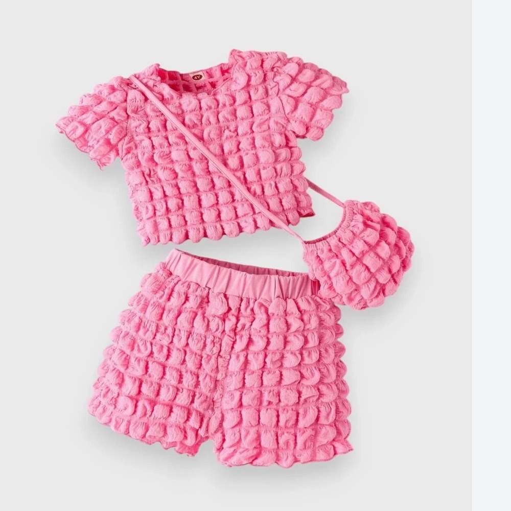 Kids Pink Popcorn Texture 3 Piece Set Top Shorts and Bag Size 5Y